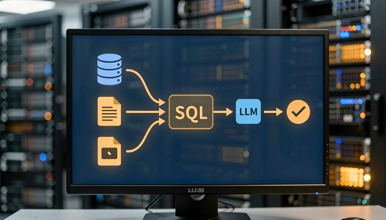 AI agent 系統架構示意圖，顯示數據來源經統一 SQL 介面後由小模型推理，每一步軌跡可審計