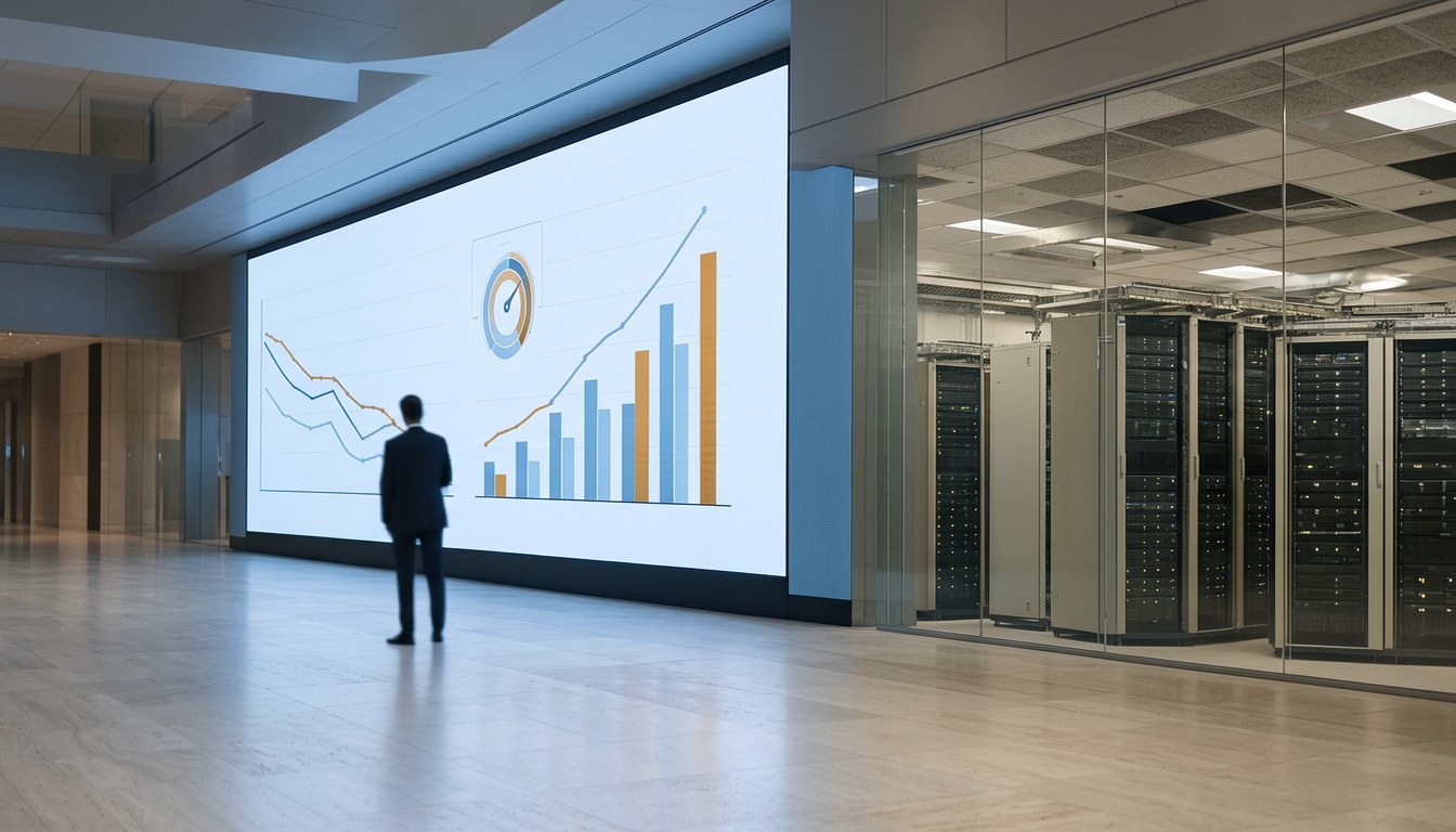 抽象企業辦公室場景，辦公桌上有電腦螢幕顯示數據圖表，無人