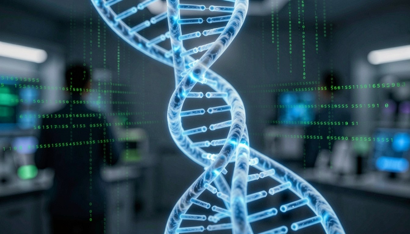DNA 雙螺旋結構疊加電腦程式碼嘅示意畫面