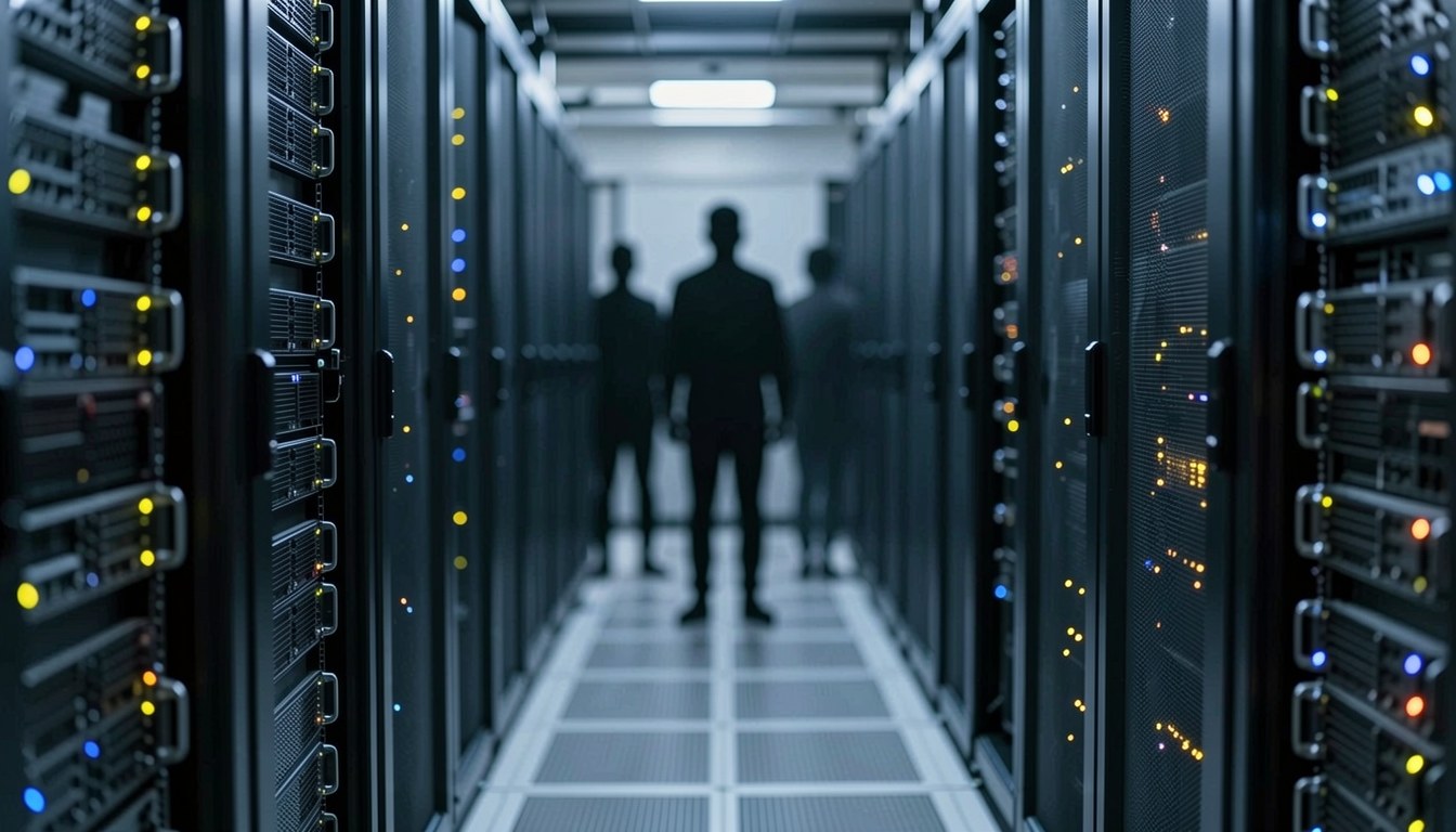 示意圖：資料中心機房，遠處有無面孔人形剪影，象徵AI代理同企業系統嘅對接。