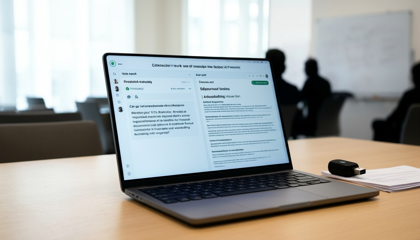 一台 Apple Silicon Mac 完全離線運行，畫面顯示分屏會議記筆記應用，左邊為 AI 生成筆記、右邊為手寫速記，強調資料唔出裝置嘅私隱概念。