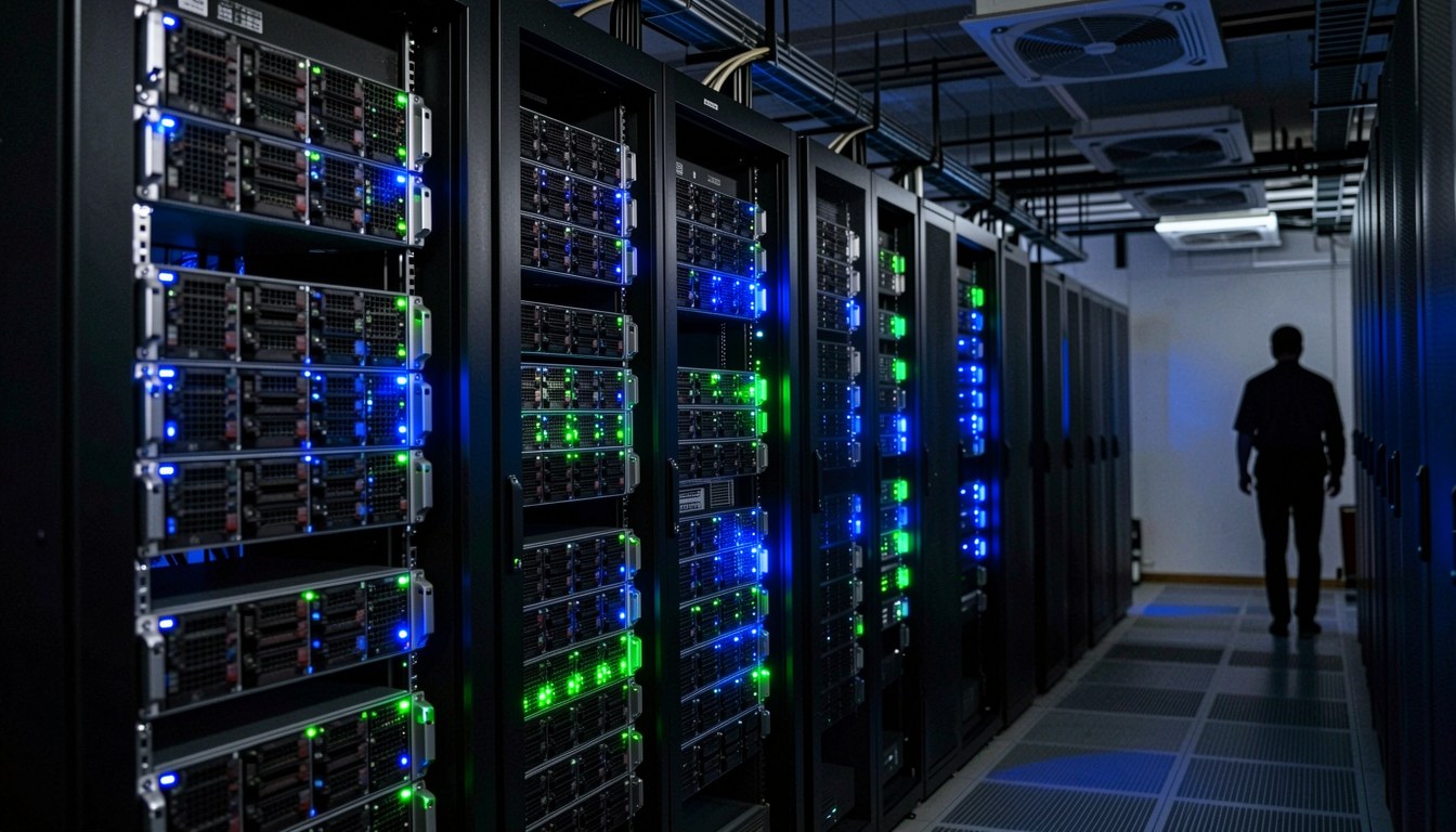 示意圖：GPU 伺服器機房，多個機櫃排列，藍綠 LED 指示燈閃爍，示意 GPU 集群運算環境