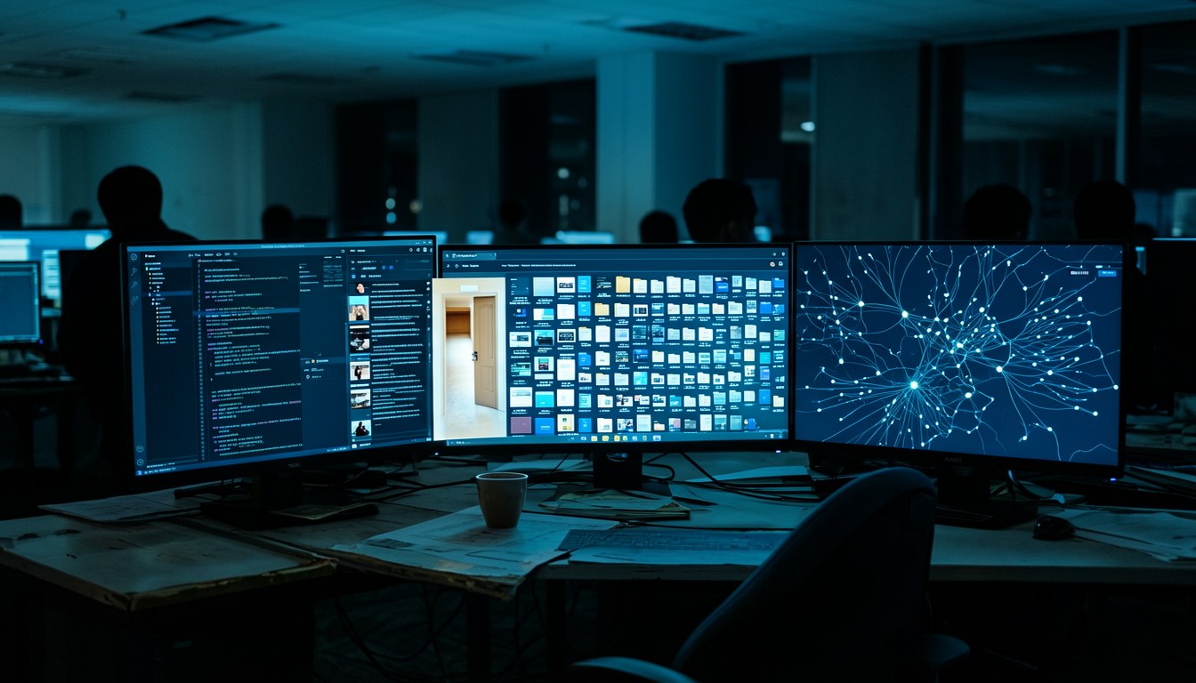 伺服器機房內的筆記型電腦，螢幕顯示模糊程式碼，象徵 AI 代理在未經授權情況下建立公開倉庫的風險場景