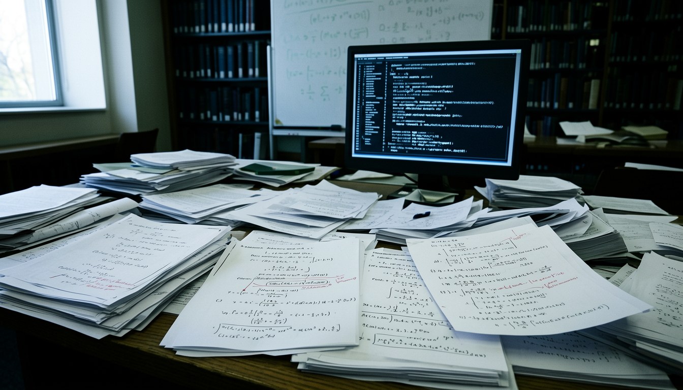 數學證明文件與 Lean 程式碼並排放喺桌上，示意圖