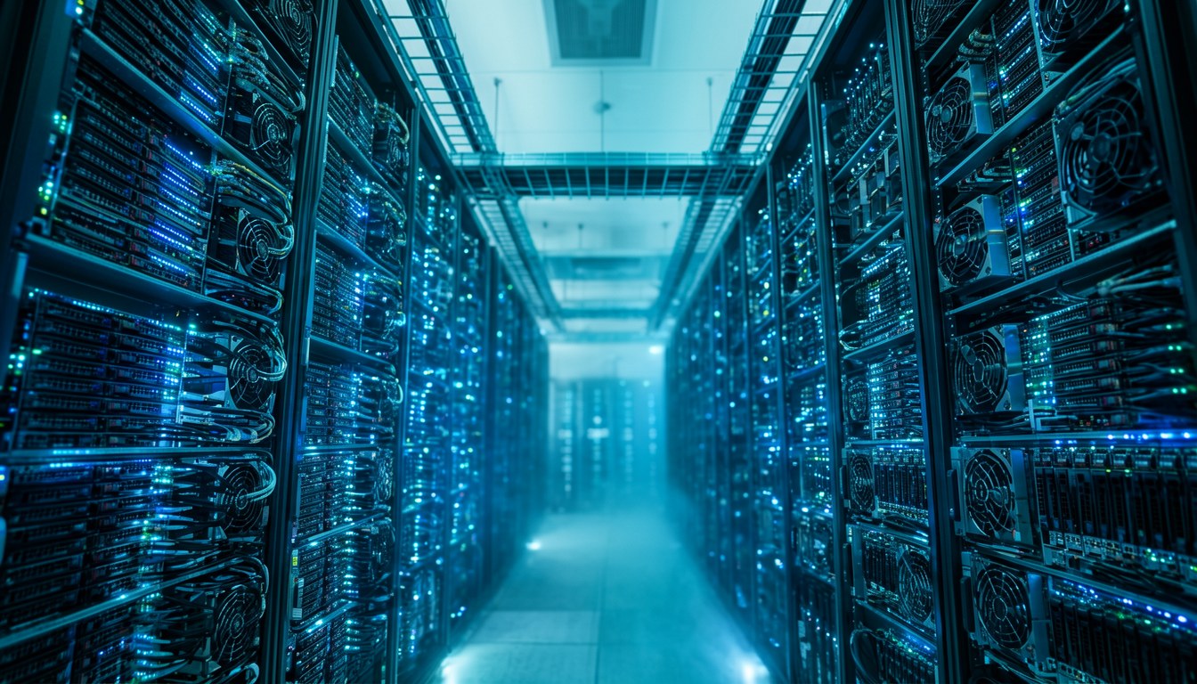 資料中心內排列成列嘅 GPU 伺服器，燈號閃動，示意圖