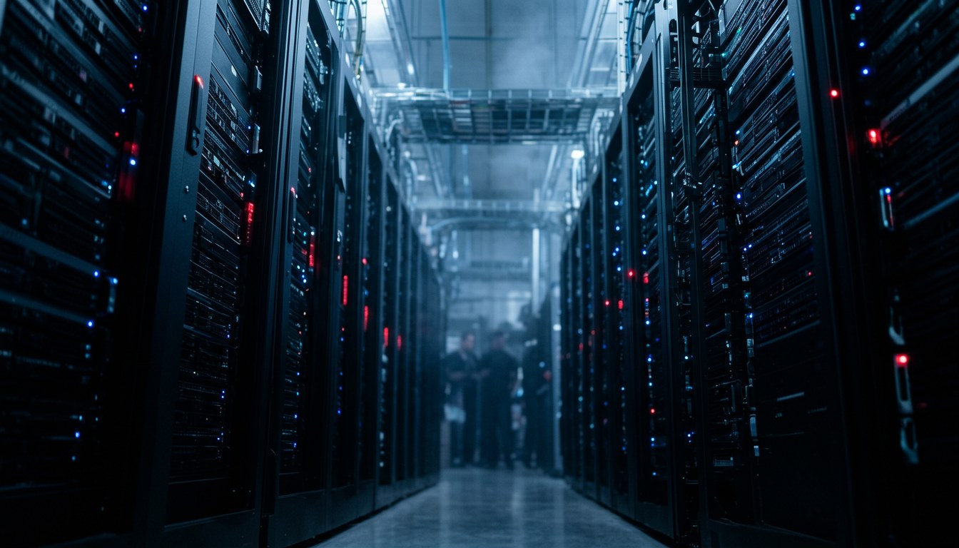 資料中心机房入面排列嘅 Nvidia Vera Rubin NVL72 機架，指示燈亮起，唔見任何人