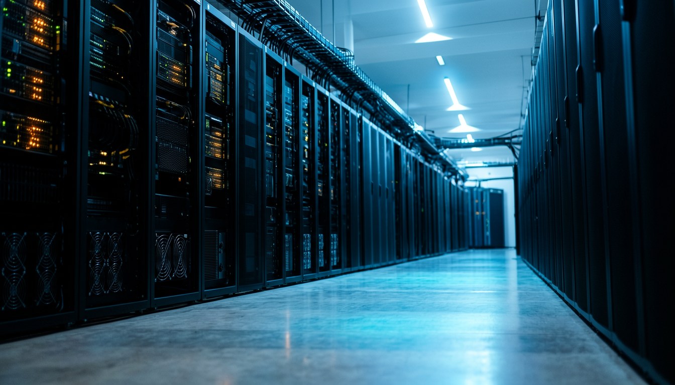 資料中心伺服器機房示意圖，代表 DeepSeek 嘅模型推理與 API 基礎設施。