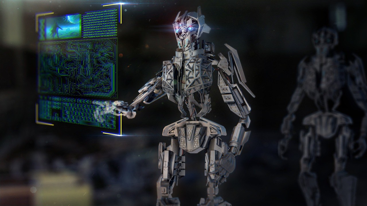 合成體Vision喺數位幻境中，周圍係AI角色嘅全息投影，置身科幻風格嘅室內空間