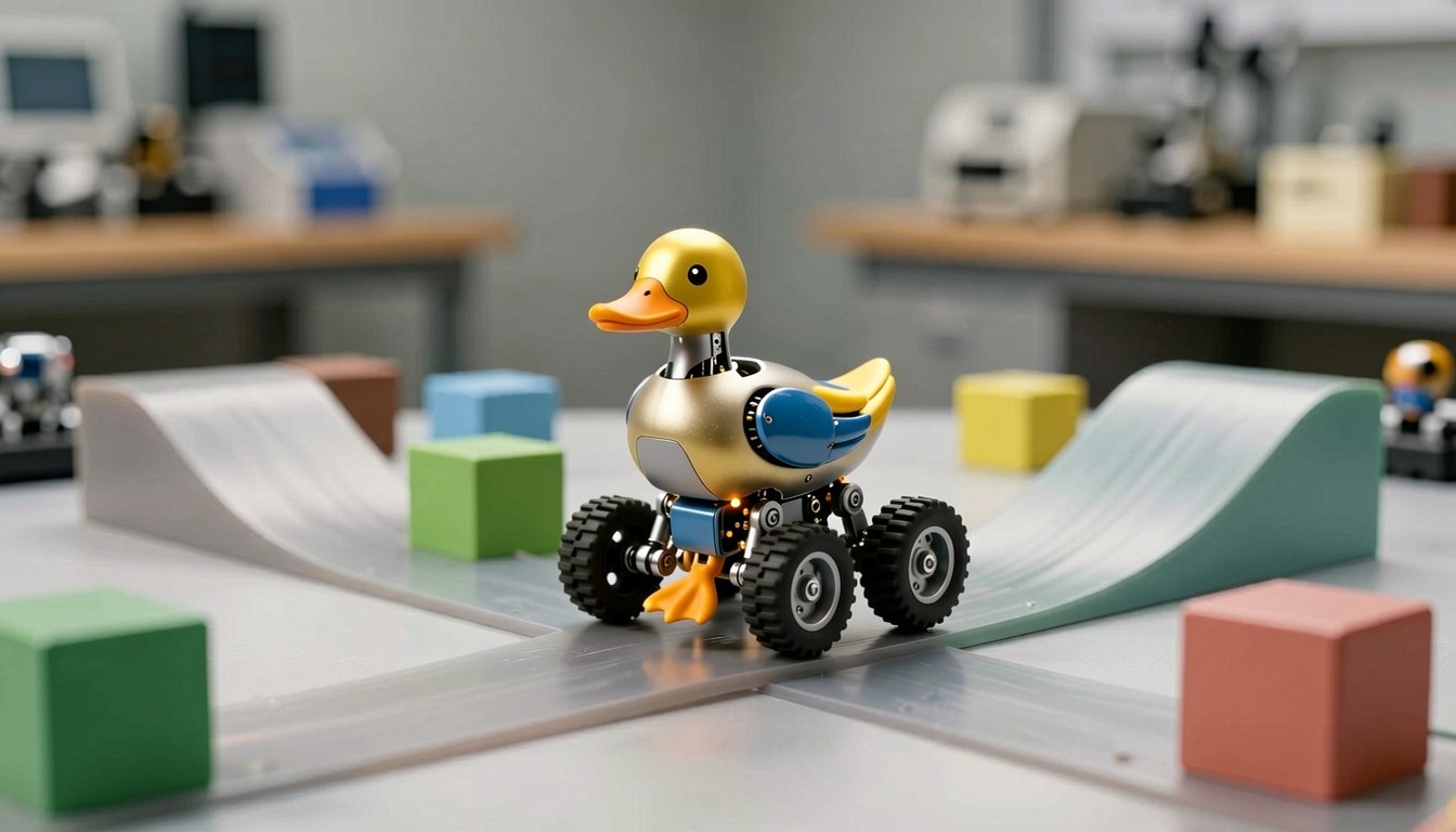 喺障礙課程上嘅Microduck微機械人（示意圖）