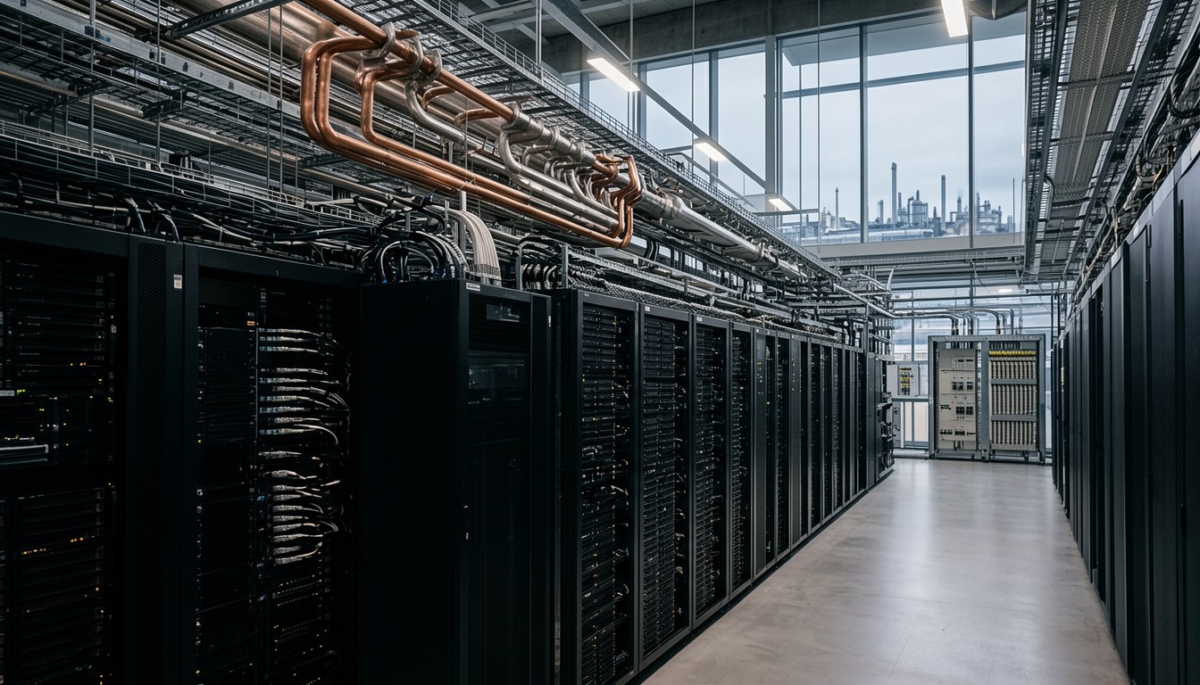 大型數據中心機房，一排排 GPU 服務器機架，示意圖