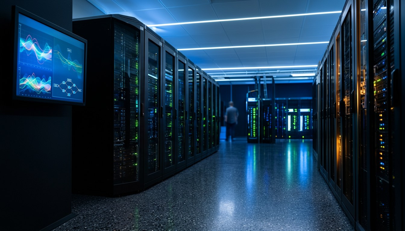 示意圖：企業數據中心機櫃與流動嘅 AI 光環，象徵 AI 代理上線後自動優化