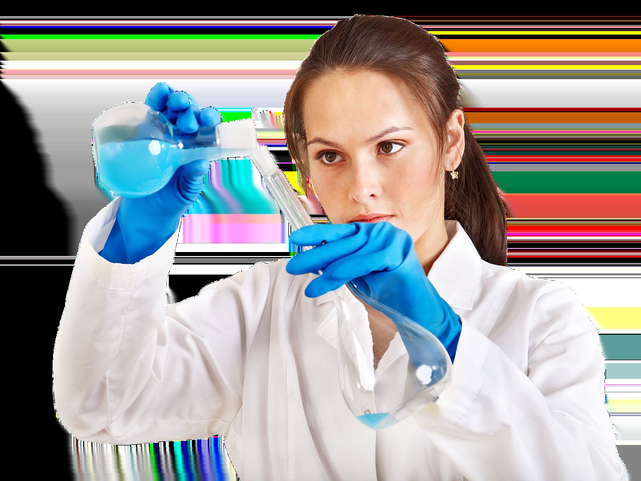 示意圖：抗體-抗原複合物三維分子結構渲染，背景為實驗室實驗器材