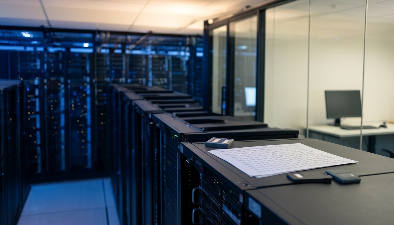 伺服器機房入面嘅 AI 伺服器，螢幕顯示數據流，示意圖