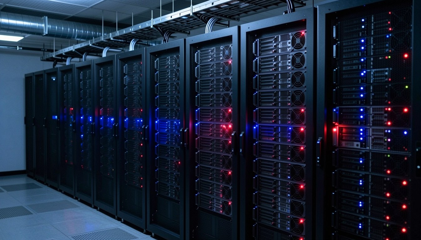 一排高階 GPU 伺服器機櫃，示意圖：漏洞研究開放權重模型 apex-flash-1 嘅部署環境。