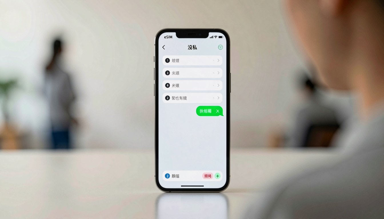 示意圖：智能手機螢幕顯示 eSIM 設置介面，背景有 AI 對話視窗
