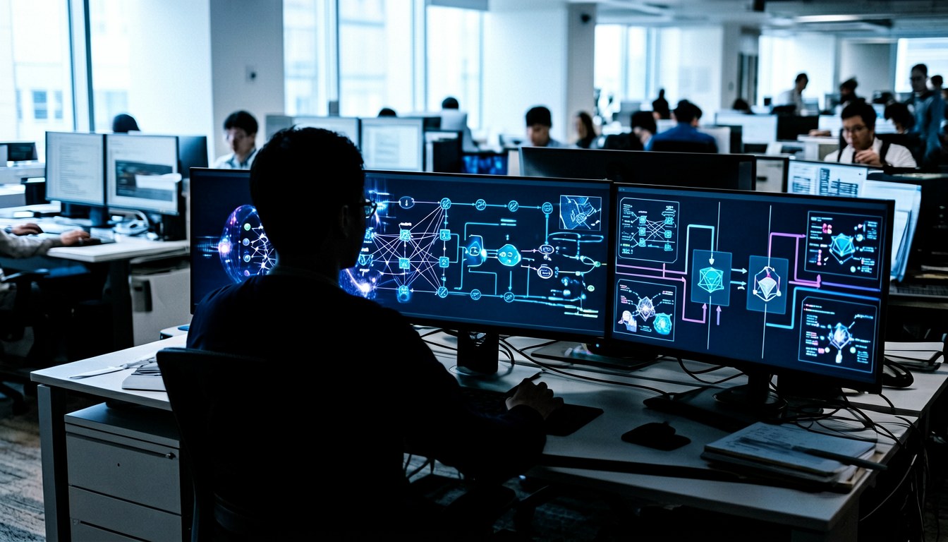 示意圖：開發者工作站，多個螢幕顯示程式碼，無真人出現