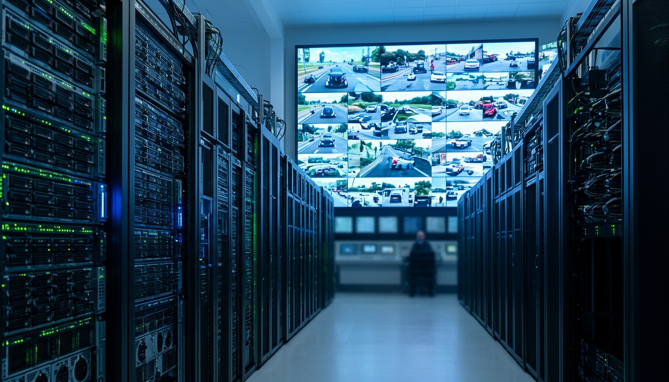 示意圖：資料中心 GPU 機櫃，地面投射街景模擬畫面