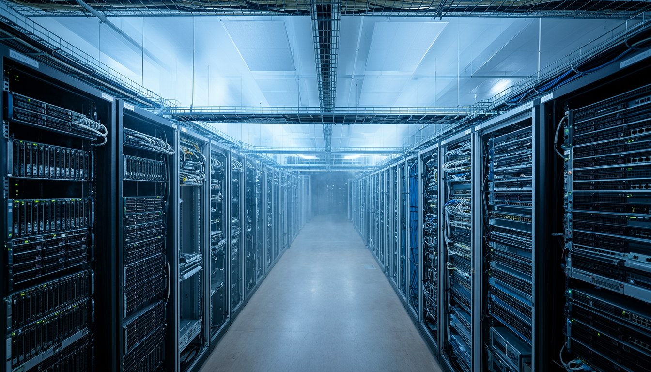 數據中心機房內部，一排排伺服器機架，冷卻風扇運轉，指示燈閃爍