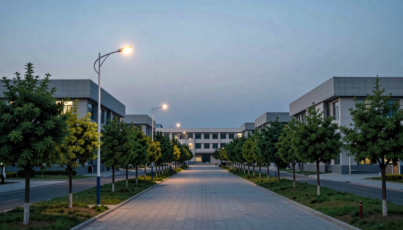 西安秦創原科技園周邊嘅城市景觀，遠處現代建築同低層研究機構