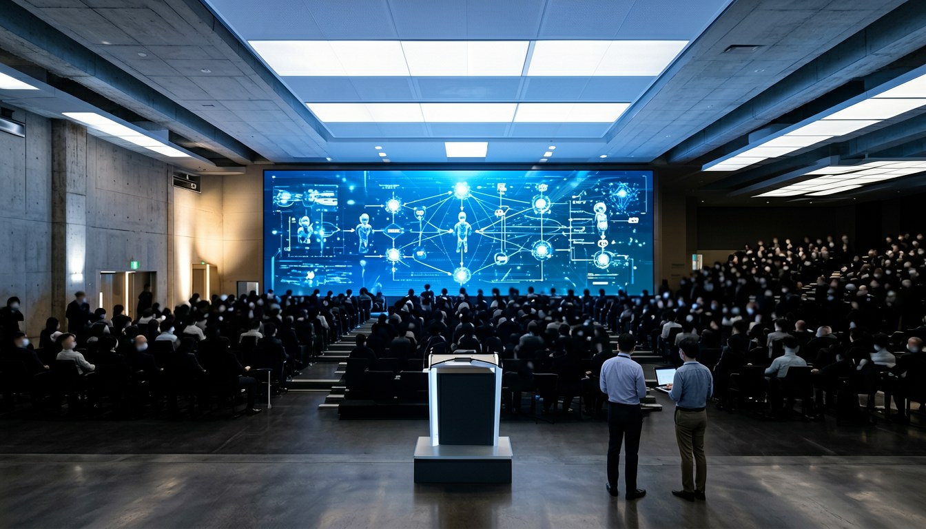 無人辦公室，桌面電腦螢幕亮住程式碼，象徵 AI 部署場景