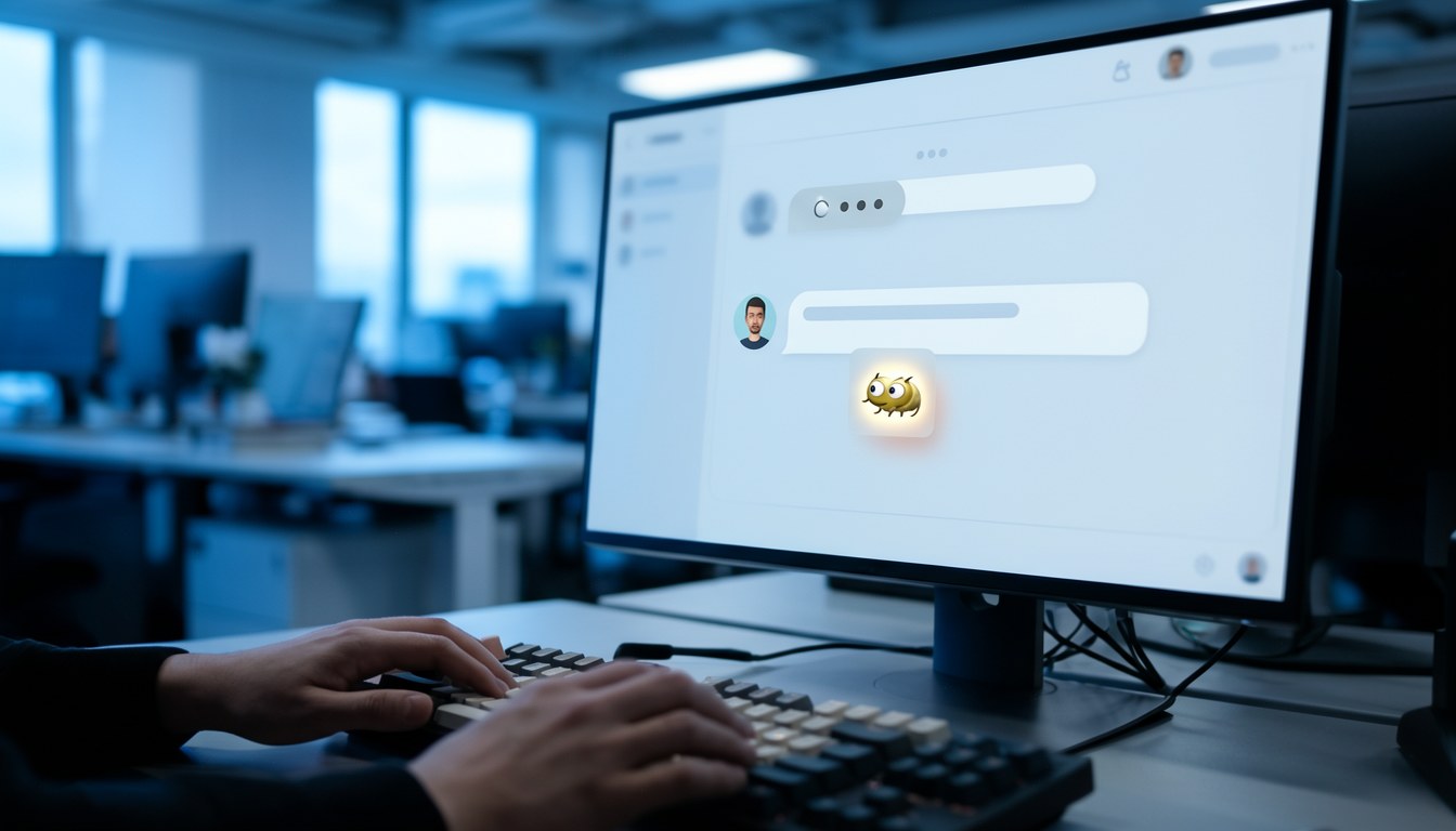 開發者介面示意：Slack channel 中 AI agent 自動貼出 emoji 回應，旁邊顯示處理狀態