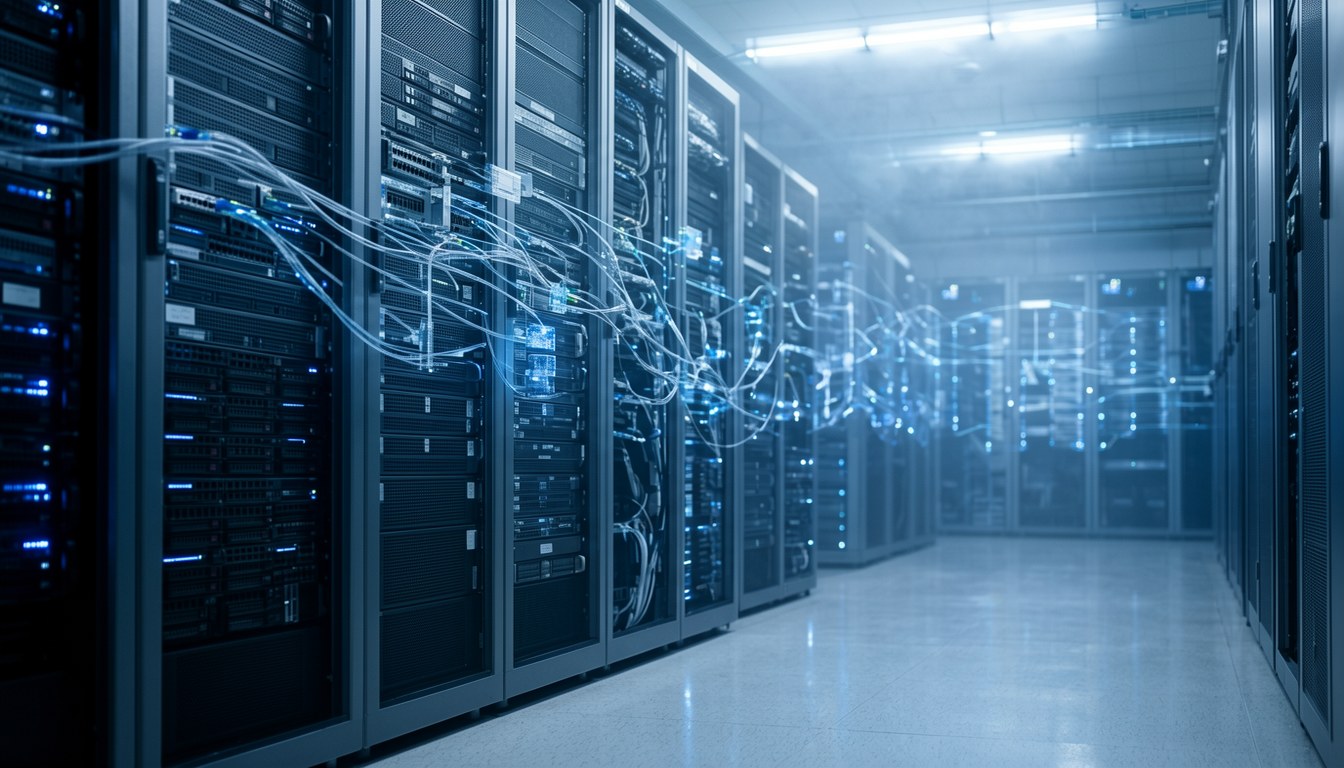 示意圖：企業數據中心機房，多組伺服器機架並排，冷卻風扇運轉，藍色指示燈亮起。