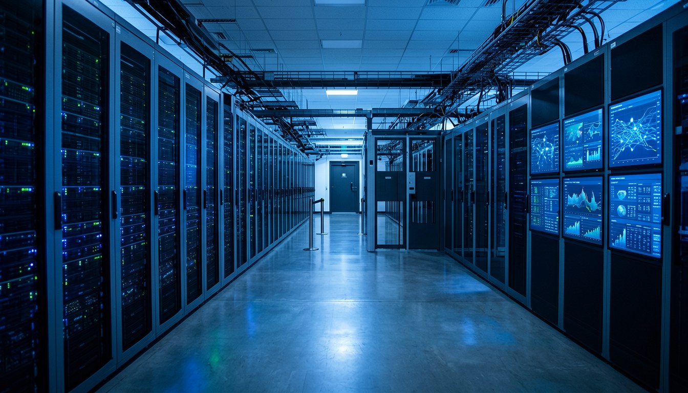 Google 數據中心伺服器房間示意圖（AI 生成示意圖）