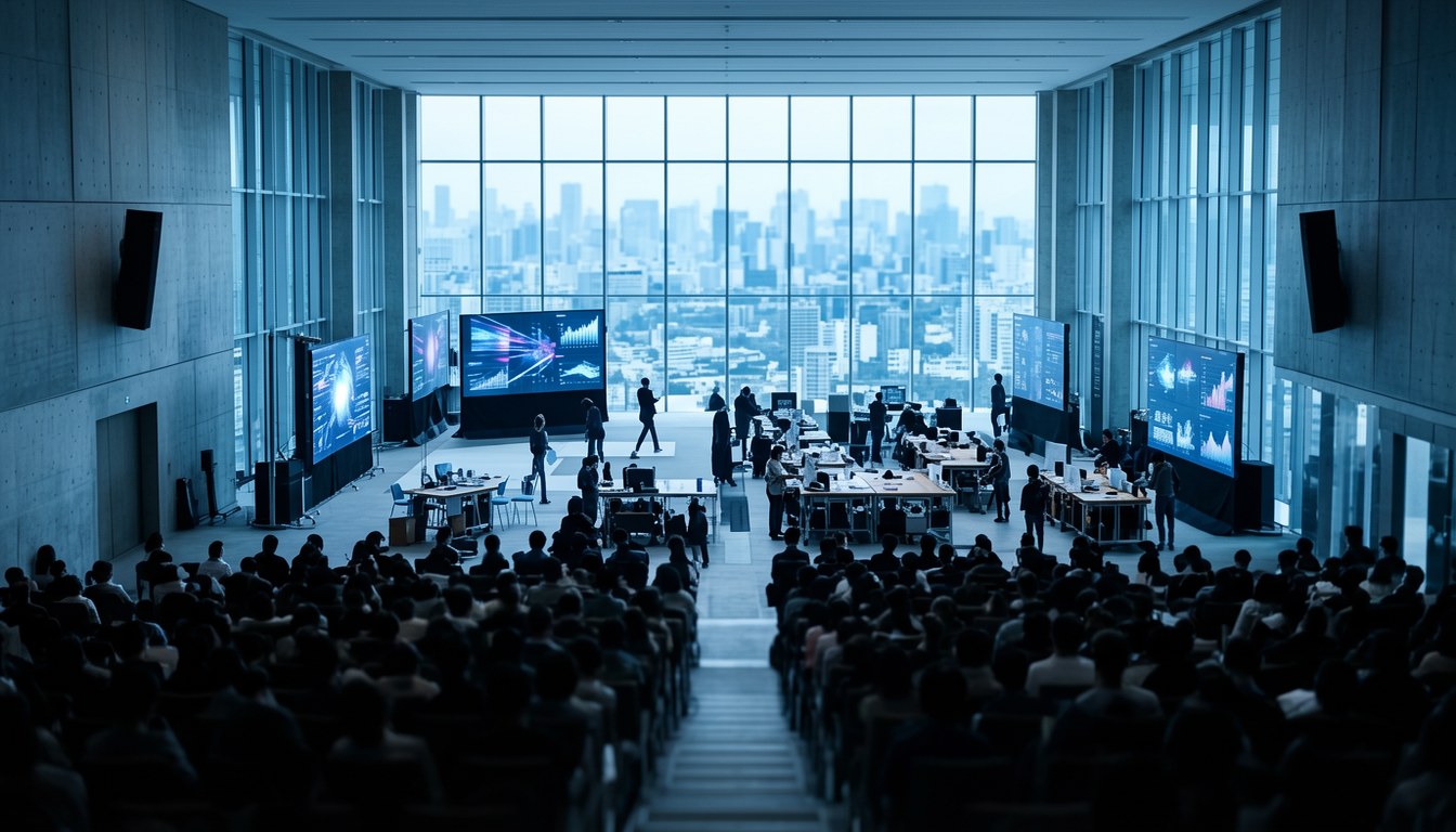 紐約 Javits Center 外景，玻璃幕牆建築群，天色微暗，無人物