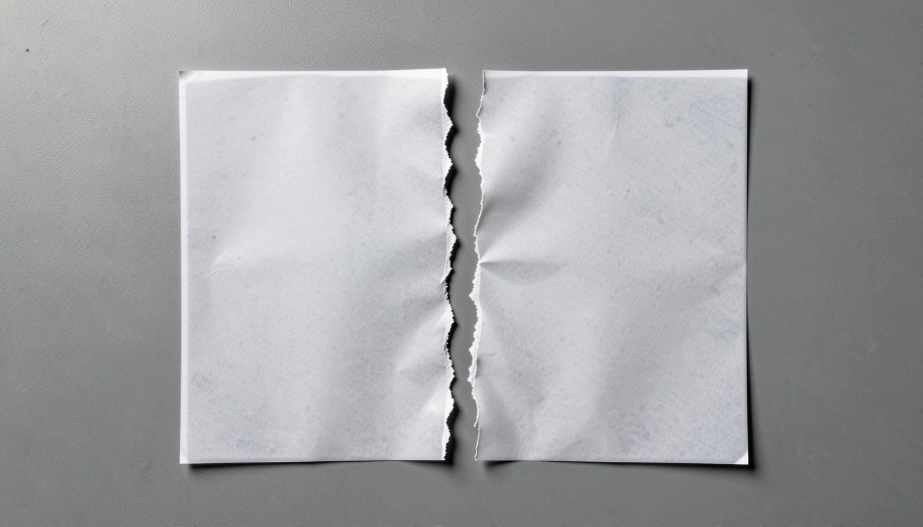 兩張截圖並排，中間被撕開一條縫，露出背後的灰色底