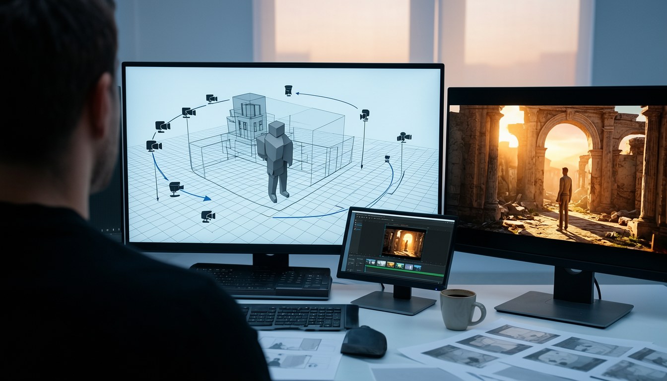 AI 短劇生成工作流示意圖，展示劇本、角色資產、分鏡同 3D 導演台各個環節