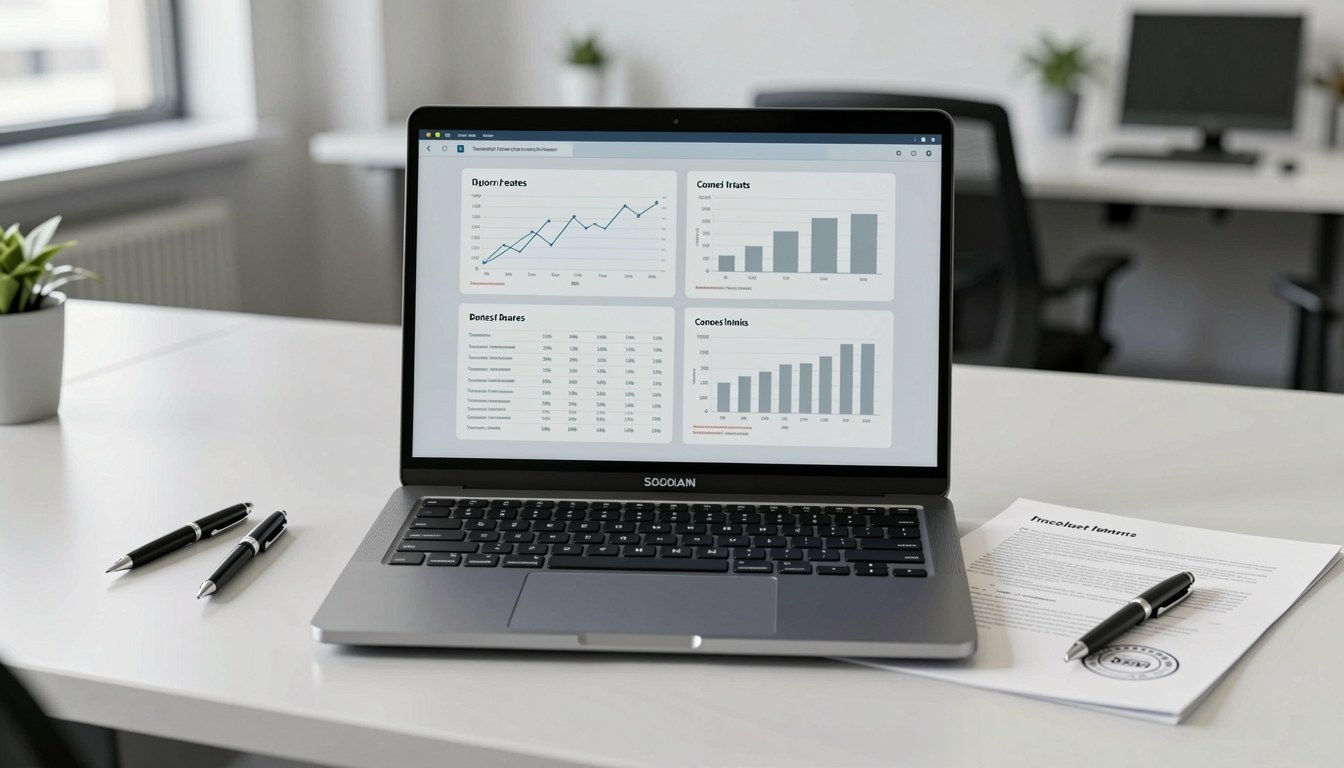 辦公桌上嘅筆記型電腦同文件，示意 AI 代理交易紀錄驗證工具（示意圖）