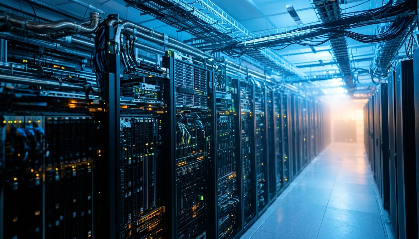 數據中心內排列整齊嘅 GPU 伺服器機架（示意圖）