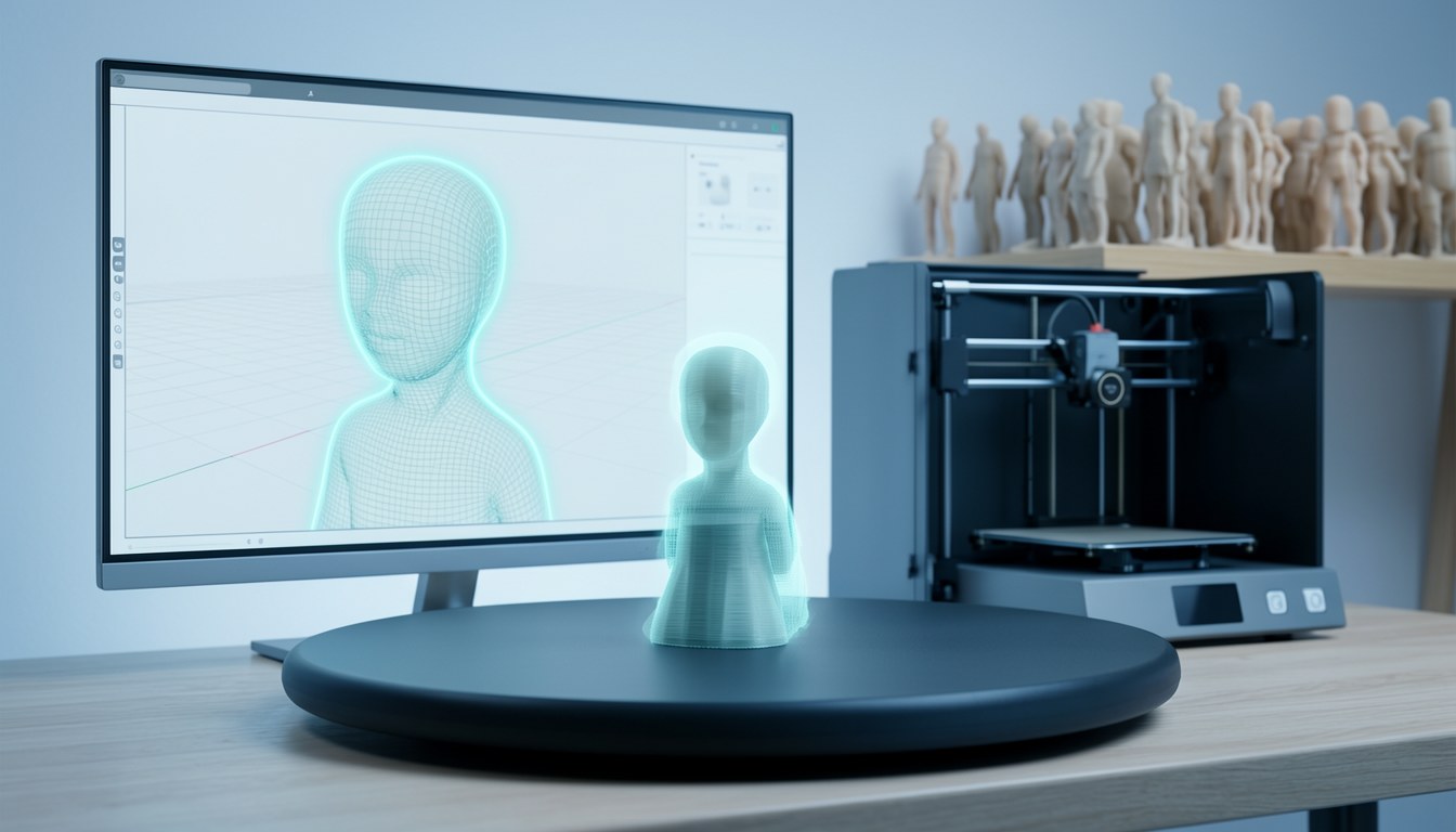 示意圖：一隻手正喺 3D 模型上圈選區域，旁邊顯示輸入框同「生成中」進度，背景為 3D 建模軟件介面。